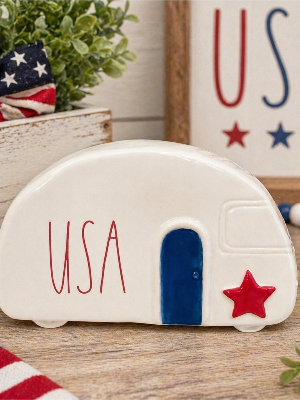 NEW Rae Dunn USA Ceramic Camper Patriotic Decor 4th of July Farmhouse 6x4